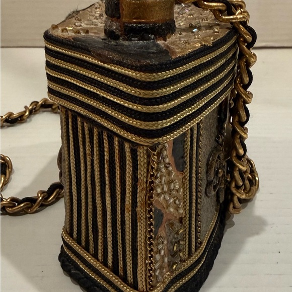 Vintage Mary Frances Handcrafted Box Minaudiere Black Gold Beaded Chain Tassel - Picture 5 of 16
